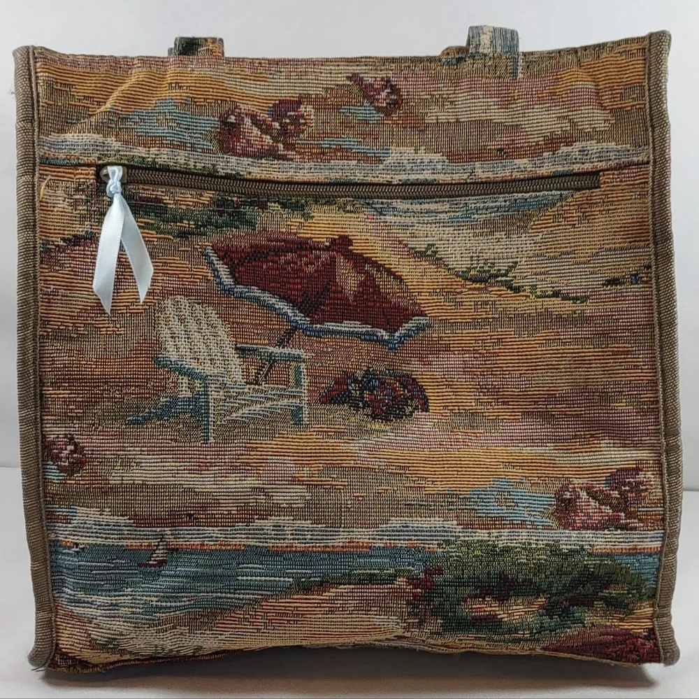 Jade Vintage Multicolor Coastal Beach Scene Tapestry Tote E/ Coin Purse
